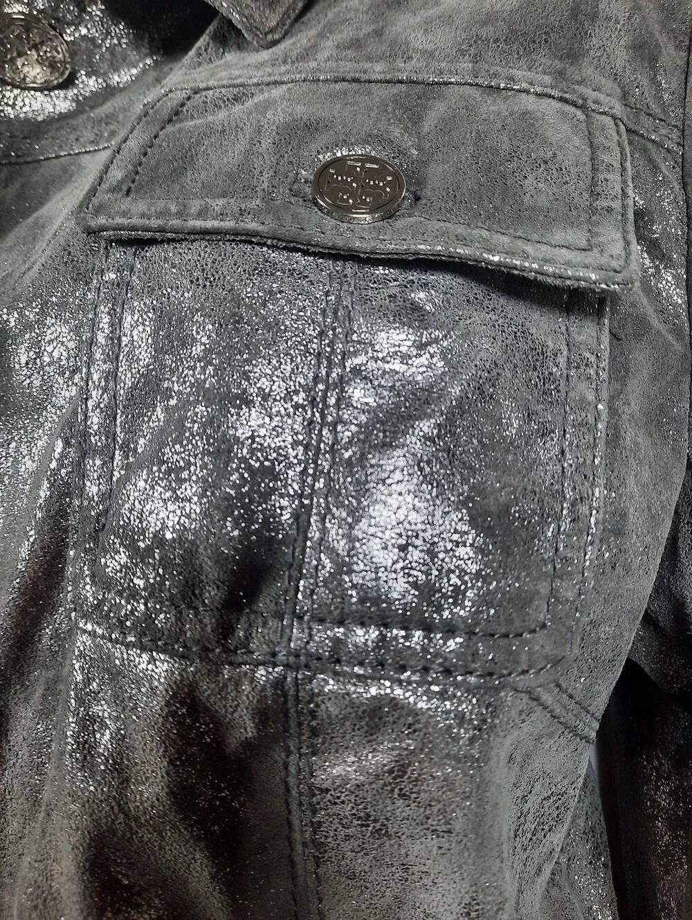 TORY BURCH Leather Jacket Pewter Bomber Biker Logo Distressed Military Thigh 14